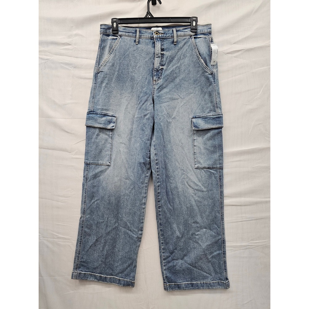 Jessica Simpson Womens Wide Leg High Rise Cargo Jeans Blue Cotton Blend Size 12